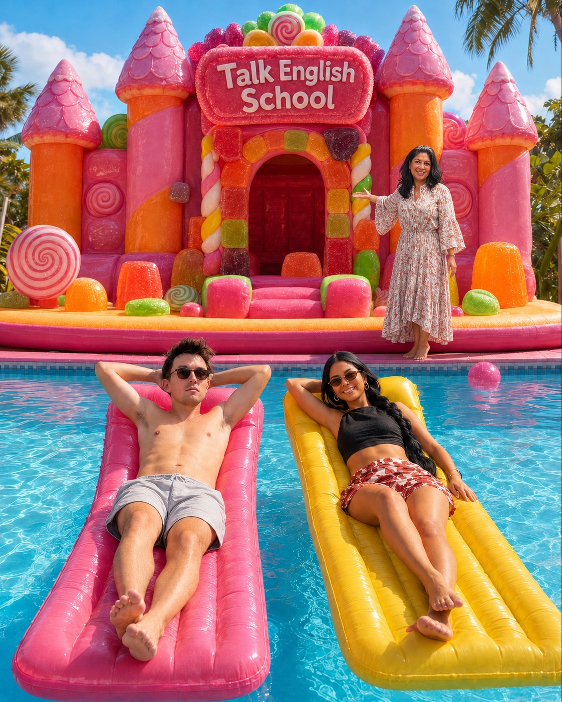 Talk English School candy castle by a pool